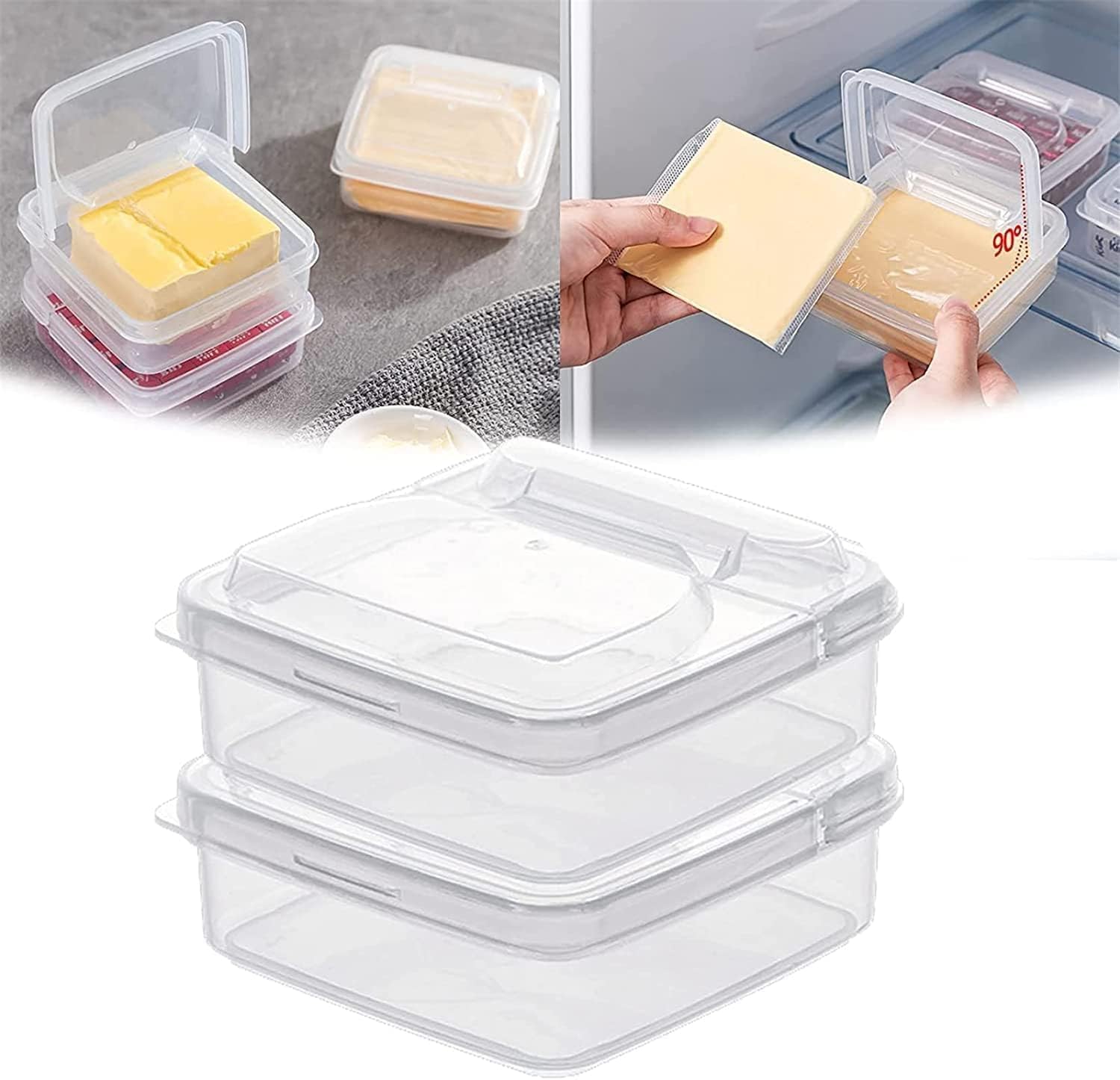 Recipiente de queso en rodajas de 2 piezas para refrigerador con tapa abatible, caja de almacenamiento de rebanadas de queso con bloque de