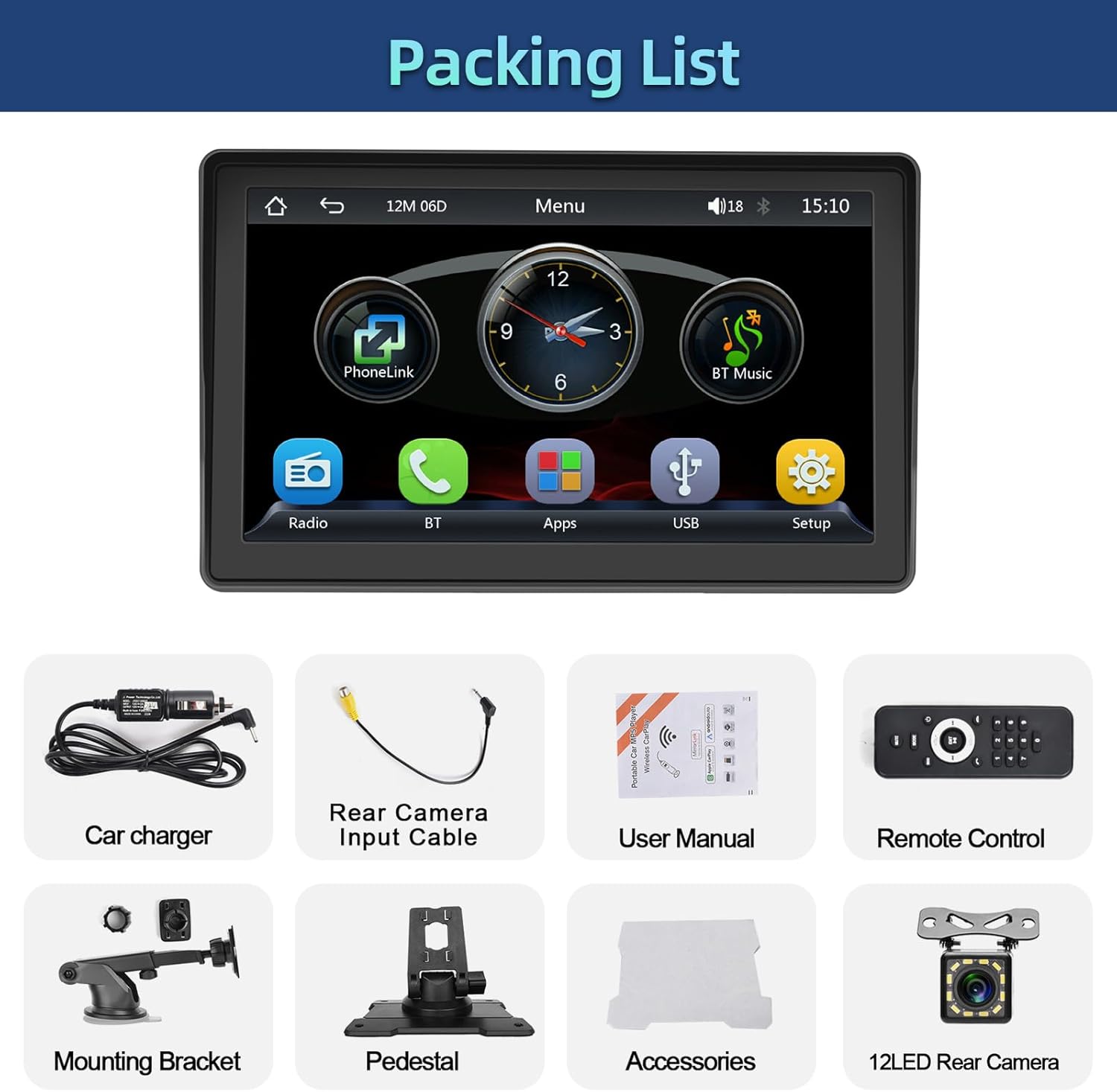 Podofo Radio estéreo portátil para coche de 7 pulgadas con Apple Carplay inalámbrico y Android Auto Bluetooth IPS HD pantalla táctil receptor de