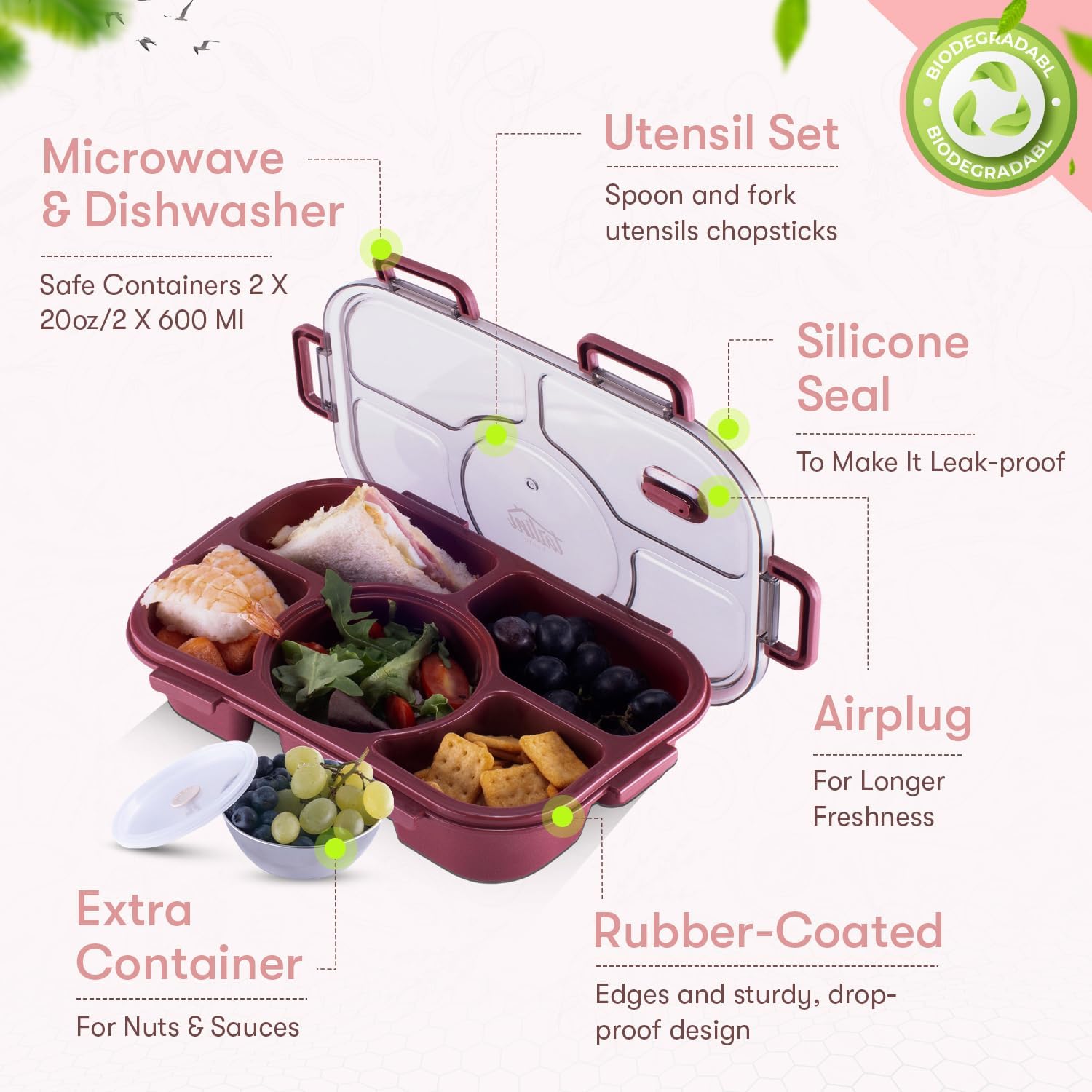 Tarlini Bento Box – Lonchera simple y fácil a prueba de fugas, sin BPA, caja de aperitivos bento de 5 compartimentos, lonchera Bento para adultos,