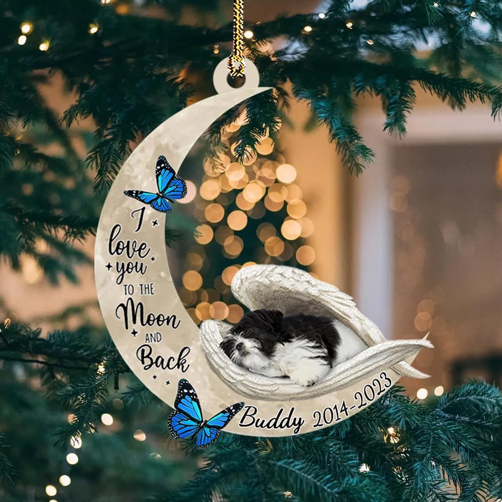 Adorno de Navidad con alas de ángel durmiente Shih Tzu en blanco y negro, te amo a la luna y espalda, adorno acrílico conmemorativo personalizado