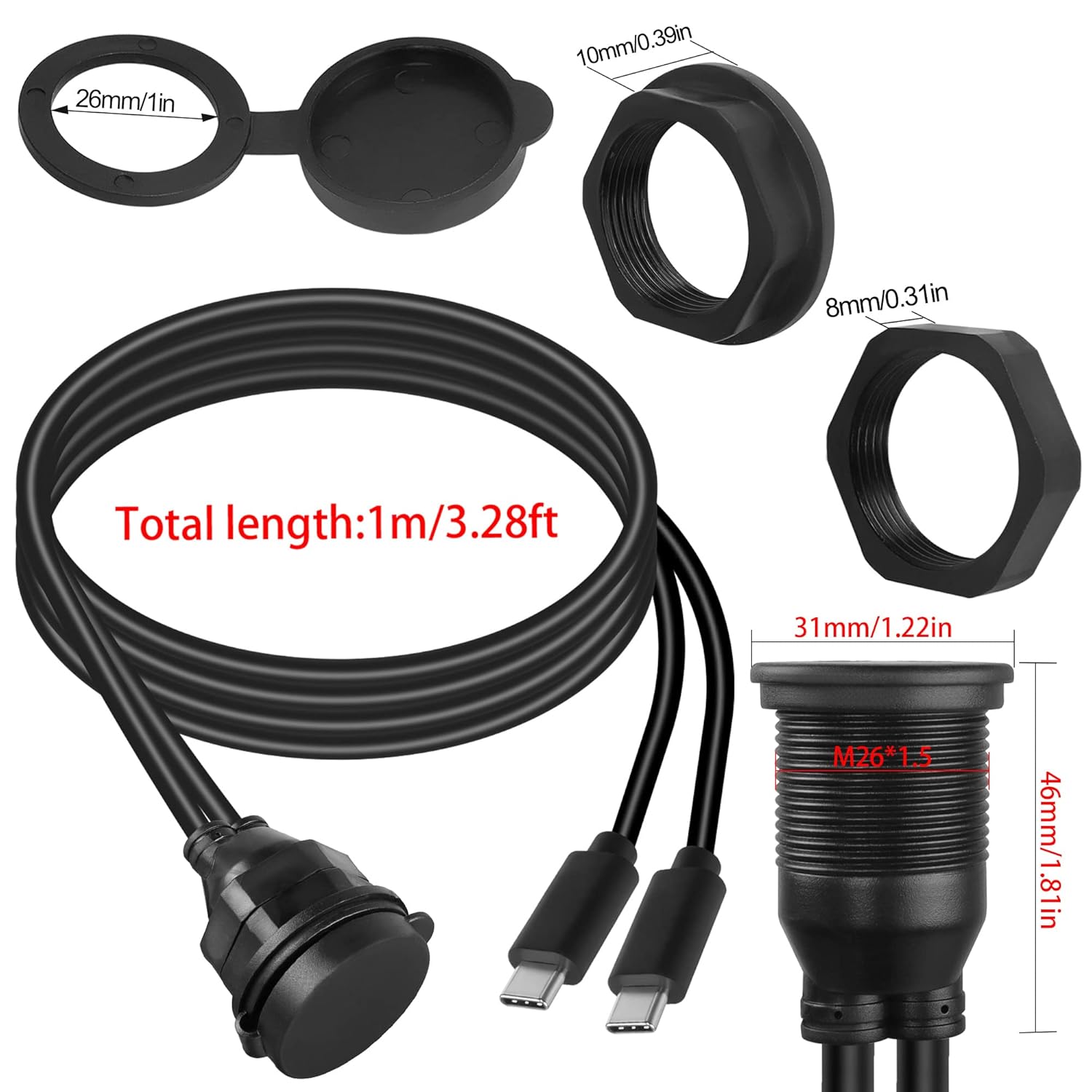 QIANRENON 2 USB C roscado montaje empotrado cable impermeable doble USB C 2.0 macho a hembra montaje en tablero de coche cable de extensión para