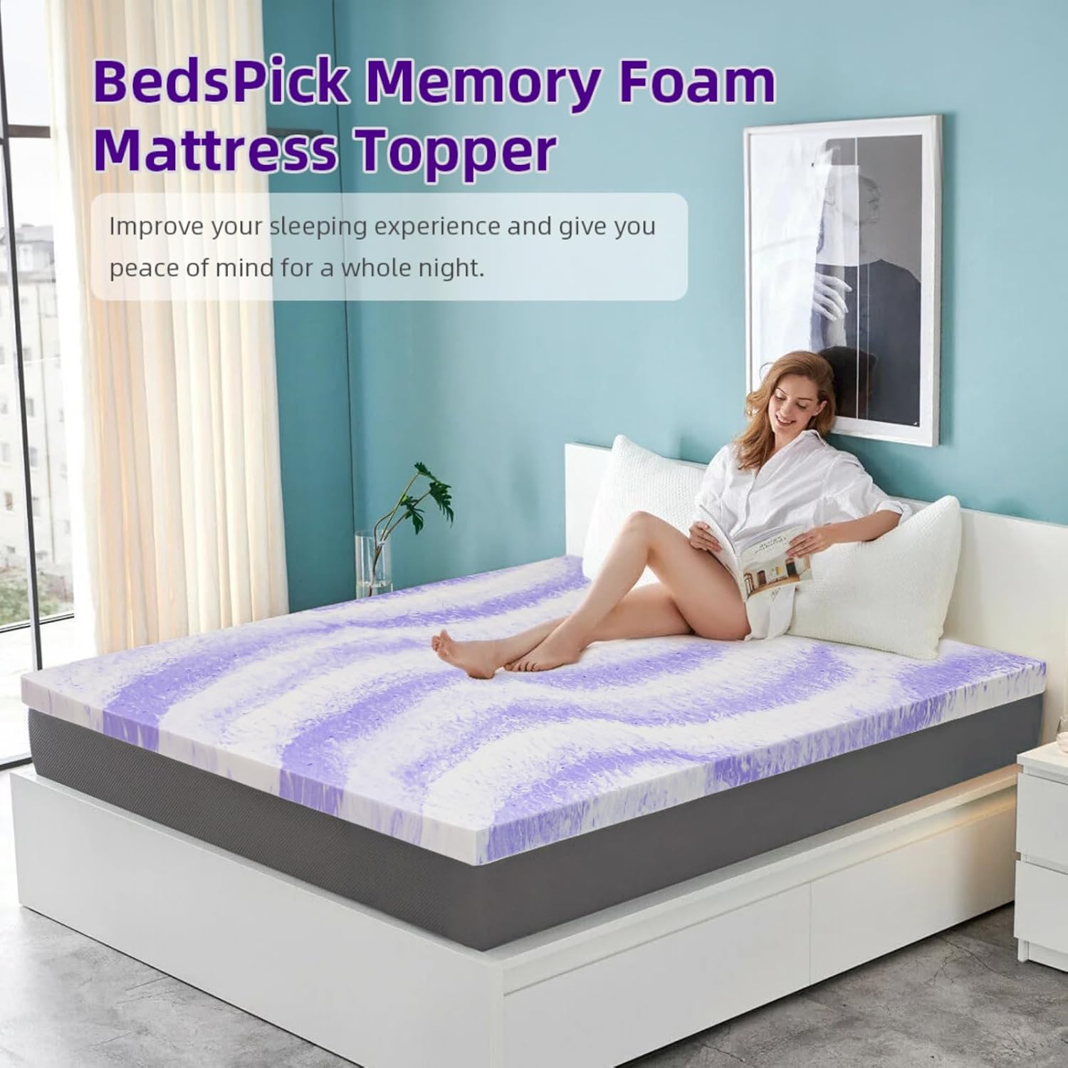 BedsPick Cubrecolchón de espuma viscoelástica Queen de 2 pulgadas, con infusión de gel, cubrecolchón de espuma suave para aliviar la presión