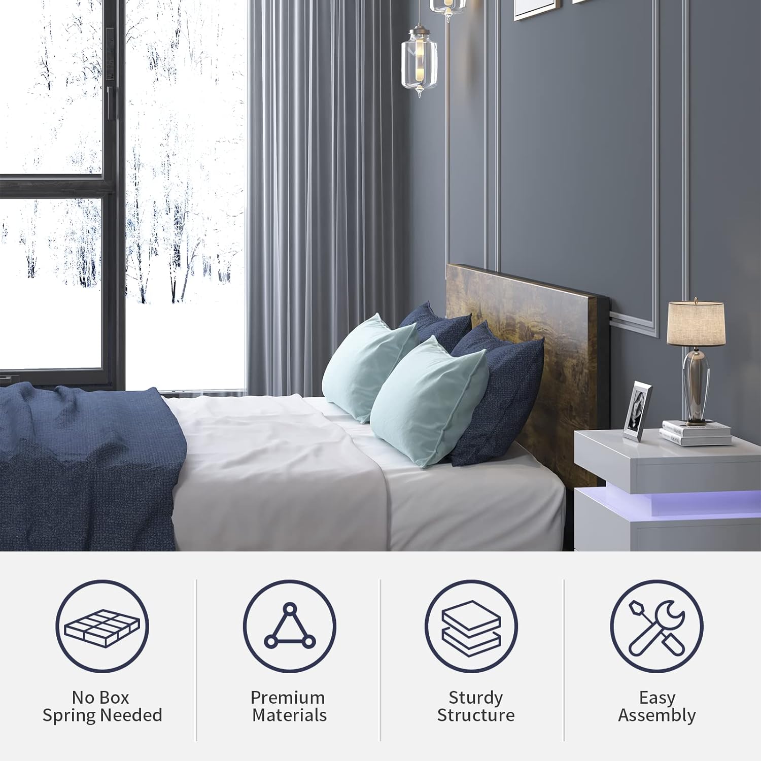 ZAFLY Base de cama de plataforma de tamaño matrimonial, marco de cama de madera industrial con cajones de almacenamiento y cabecera de madera,