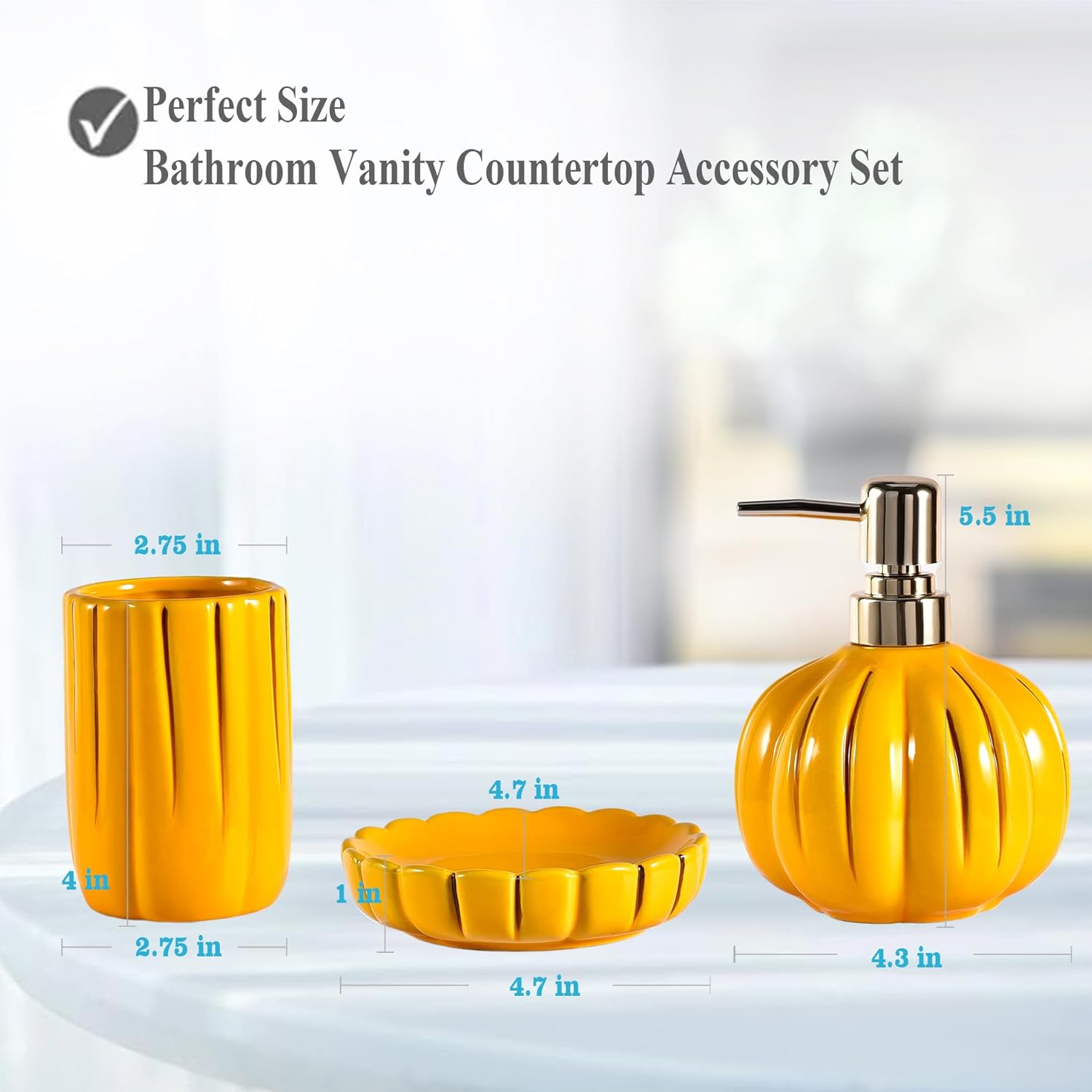 Juego de accesorios de baño de cerámica de 3 piezas, juego de accesorios decorativos para encimera de baño, forma de calabaza, amarillo
