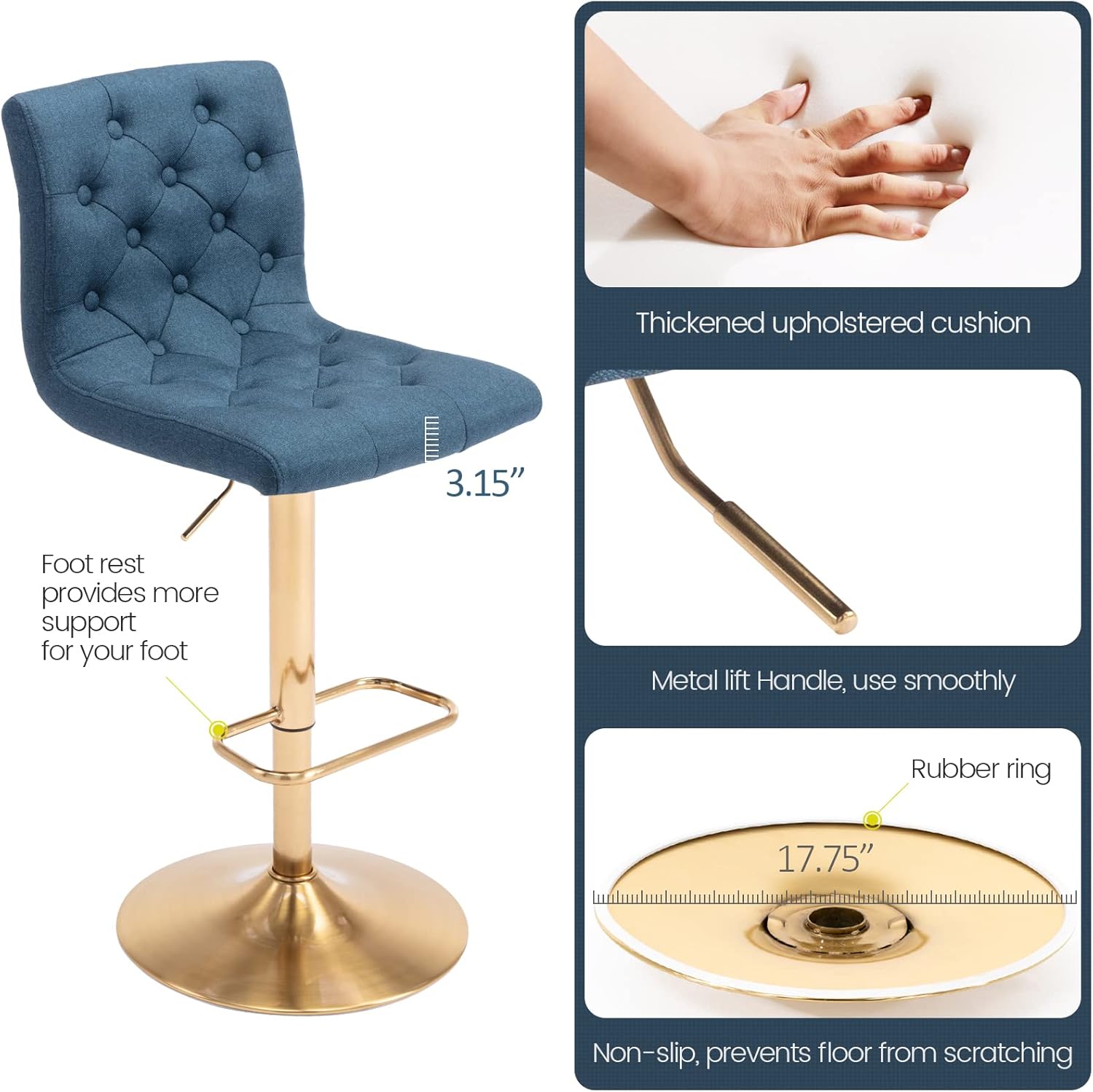 Brage Living Taburete de bar de tela copetudo, taburete de bar giratorio ajustable en altura de mostrador con respaldo, silla de bar tapizada sin
