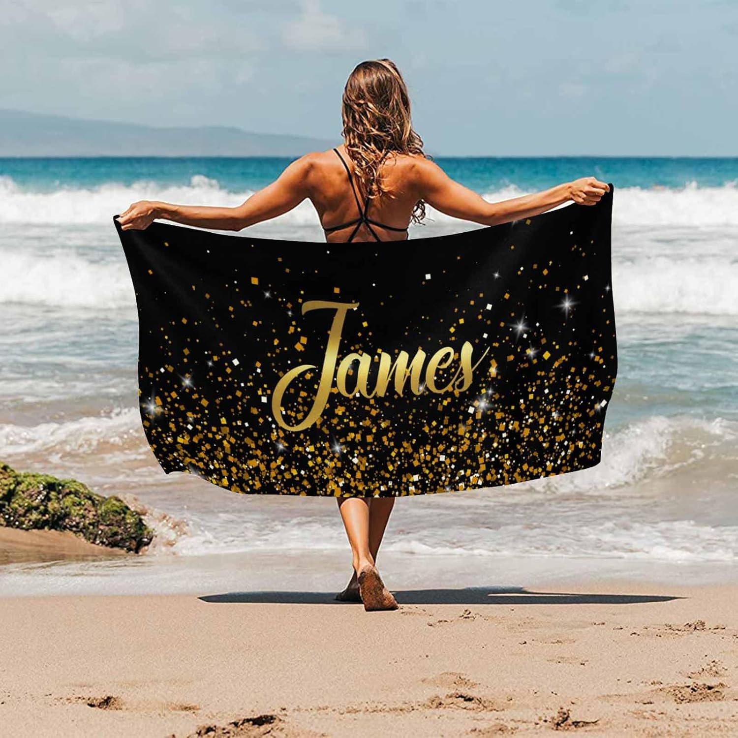 Toalla de playa personalizada con texto dorado brillante, color negro, piscina, natación, viajes, grande, suave, ligera, texto personalizado,
