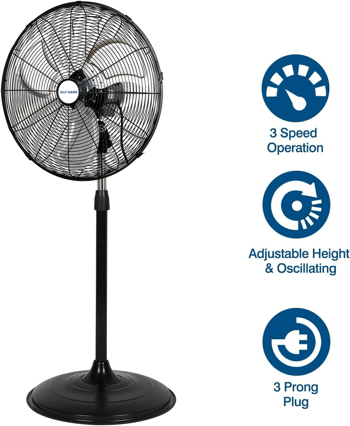 BILT HARD Ventilador de pedestal de alta velocidad de 20 pulgadas, ventilador de pie oscilante industrial de 3 velocidades 5200 CFM, ventilador de