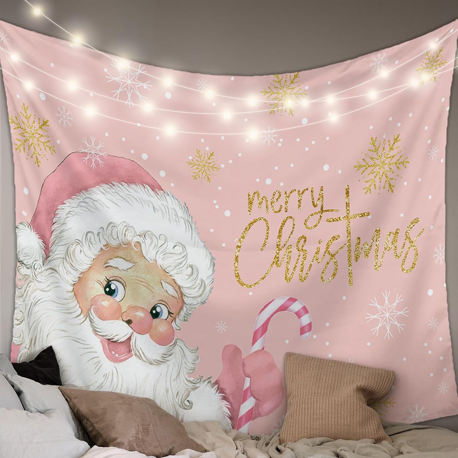 Tapiz de Feliz Navidad para dormitorio, tapiz de Papá Noel rosa, tapiz para colgar en la pared, tapiz de copo de nieve dorado, tapiz de pared para