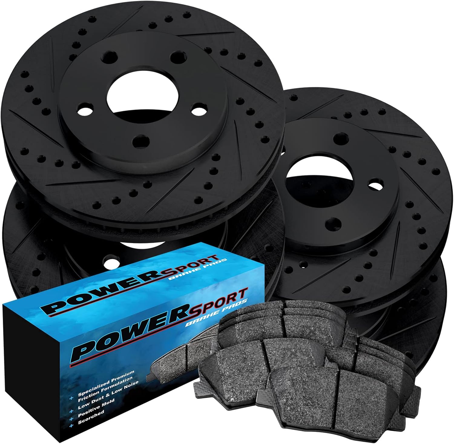 PowerSport – Kit de frenos y rotores delanteros y traseros  Pastillas de freno delanteras y traseras, rotores de freno y pastillas de freno de