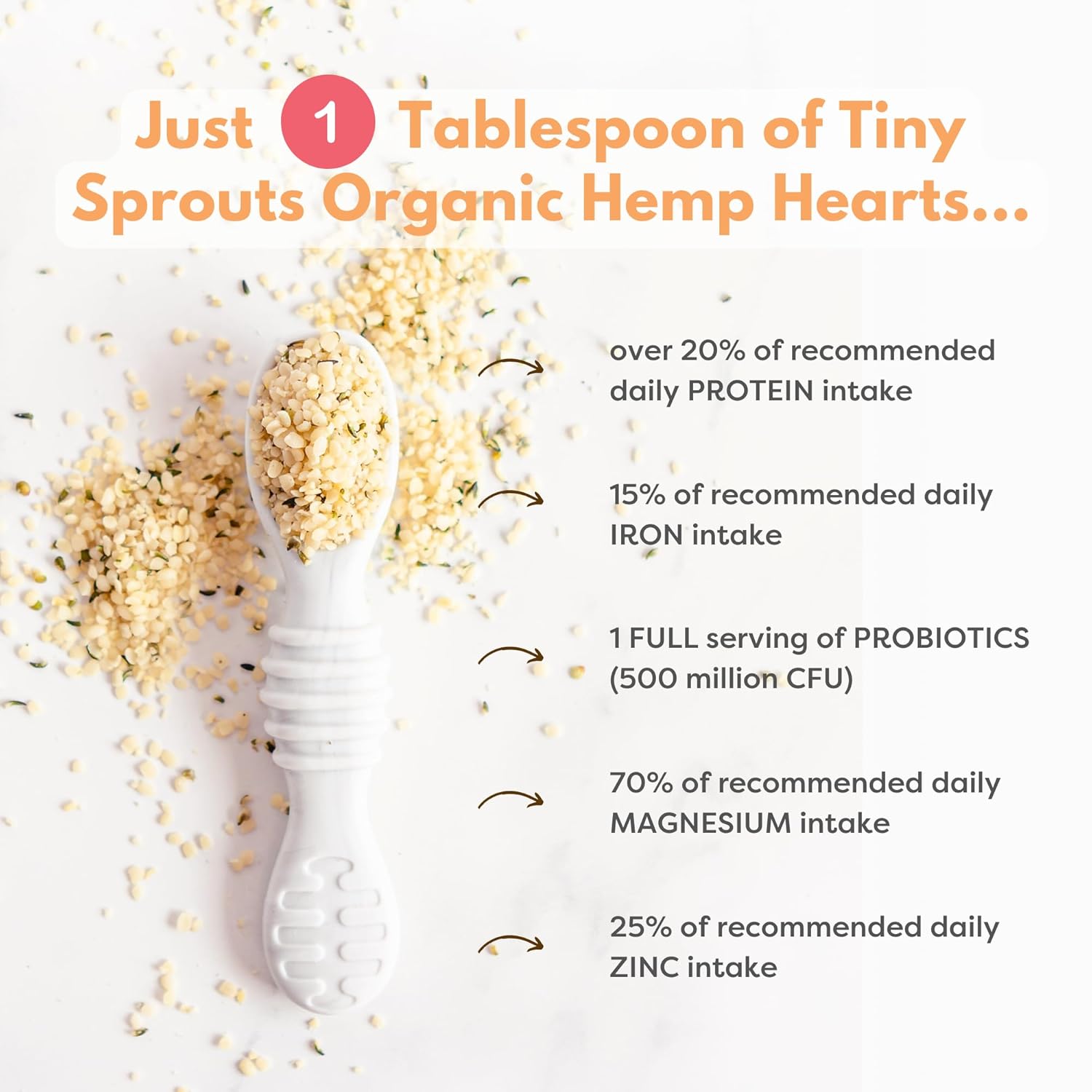 Tiny Sprouts Corazones de cáñamo orgánico regenerativo + probiótico de porción completa + vitamina D3 I potenciador de semillas de cáñamo para bebés