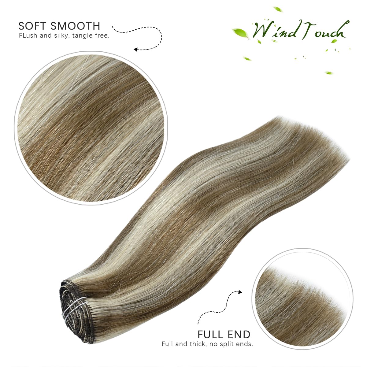 WindTouch Extensiones de cabello humano con clip, balayage, rubio ceniza degradado a rubio platino, cabeza completa, 14 pulgadas, 4.23 oz, 7 piezas