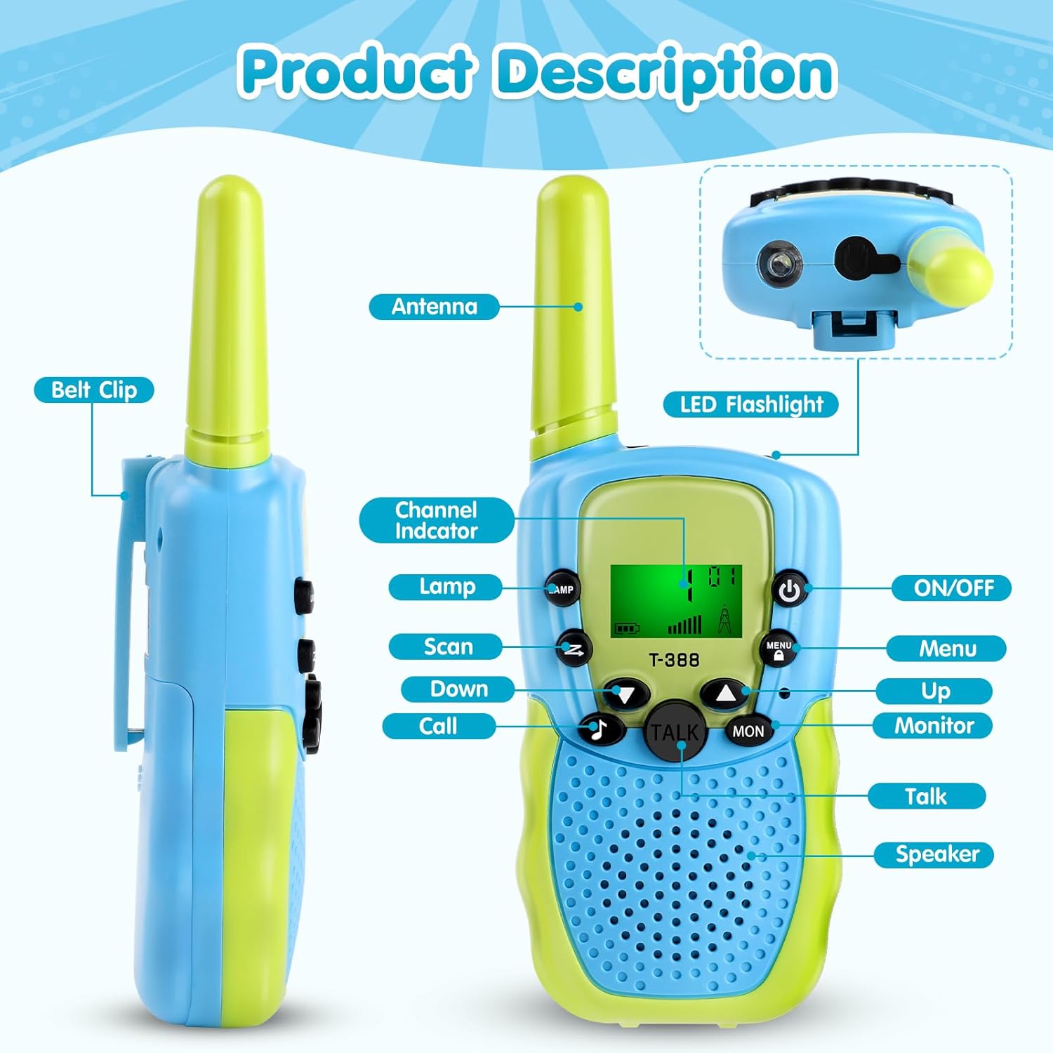 GINMIC Walkie Talkie para niños, juguetes para niños de 3 a 12 años con linterna LCD retroiluminada, paquete de 2 walkie talkies de largo alcance 22