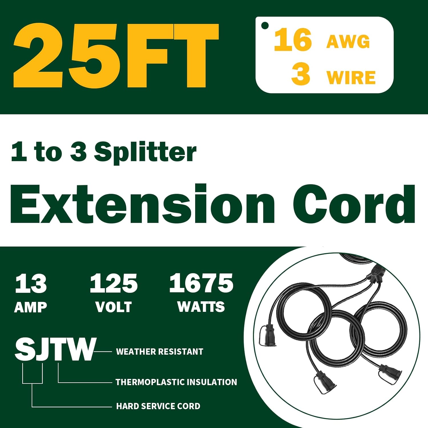Cable de extensión para exteriores con múltiples tomas, 25 pies, cables de extensión negros de 1 a 3 divisores, cable SJTW 163 resistente a la
