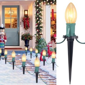 Paquete de 2 luces de camino de Navidad C9 para exteriores, total de 51.4 pies de luces de pasarela con 40 bombillas transparentes, luces de estaca Paquete de 2 luces de camino de Navidad C9 para exteriores, total de 51.4 pies de luces de pasarela con 40 bombillas transparentes, luces de estaca