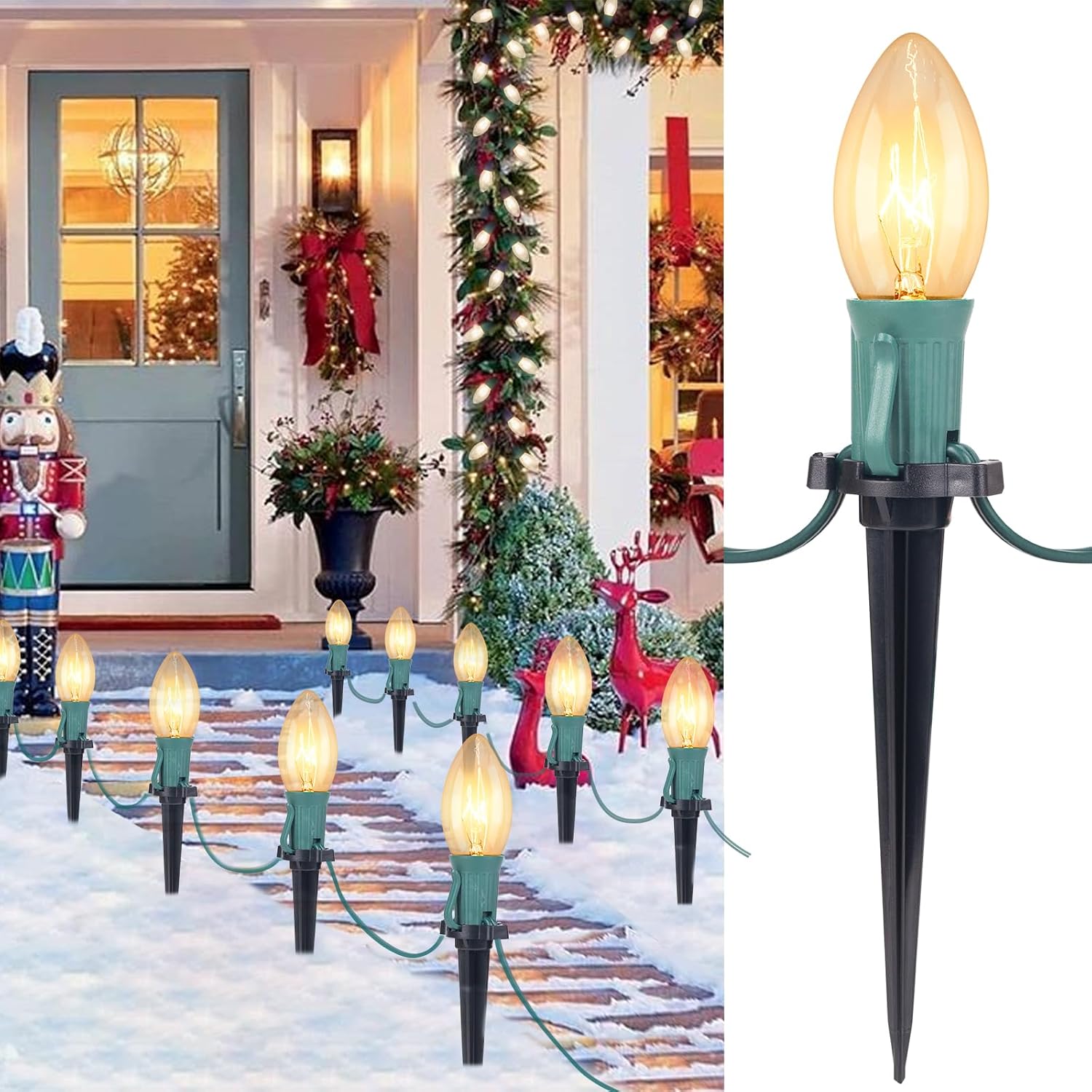Paquete de 2 luces de camino de Navidad C9 para exteriores, total de 51.4 pies de luces de pasarela con 40 bombillas transparentes, luces de estaca
