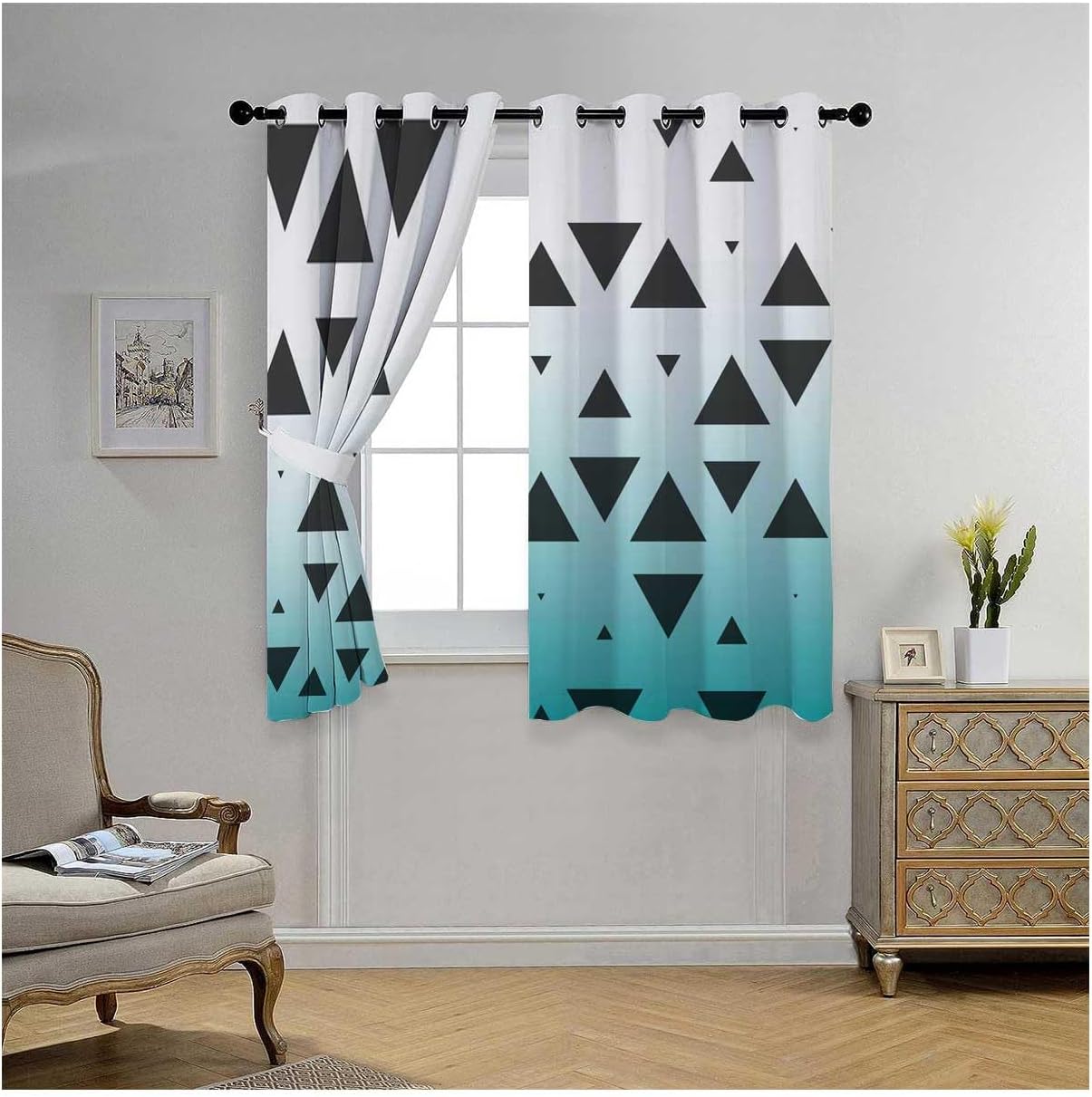 YANFENQI Cortina Blackout para Habitacion White Cyan Gradient Geometric Checked Divider Curtain Acoustic Fabric 55Inch Width by 45Inch Length,2