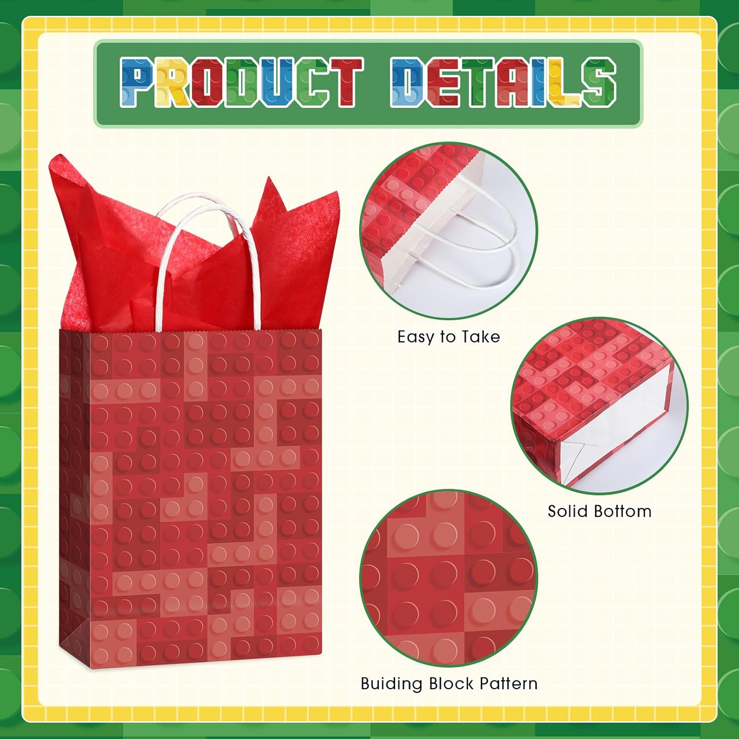 Pasimy 24 bolsas de recuerdos de fiesta de bloques de construcción con 24 piezas de ladrillos de papel de seda, bolsa de papel con tema de bloque a