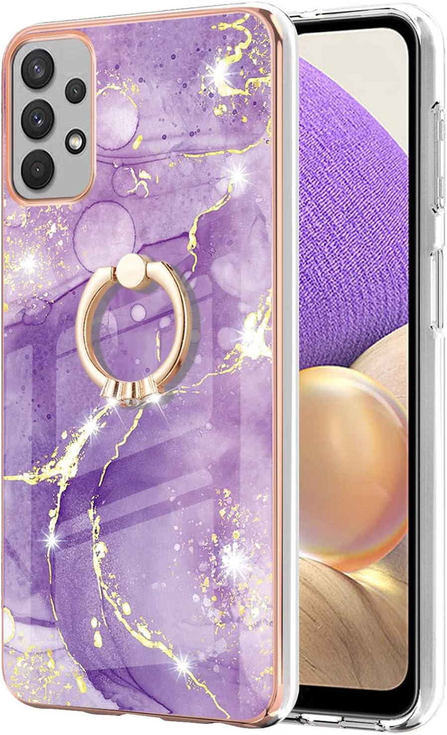 Monwutong Funda delgada para Samsung Galaxy A13 4G, diseño de mármol IMD brillante con soporte de anillo para niñas, lente de cámara y cubierta
