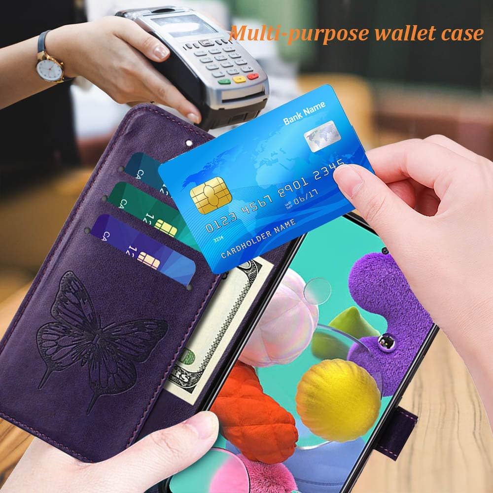 Funda A51 para Samsung A51, función atril, correa de muñeca, ranuras para tarjetero, diseño floral de mariposa en relieve, funda protectora de piel
