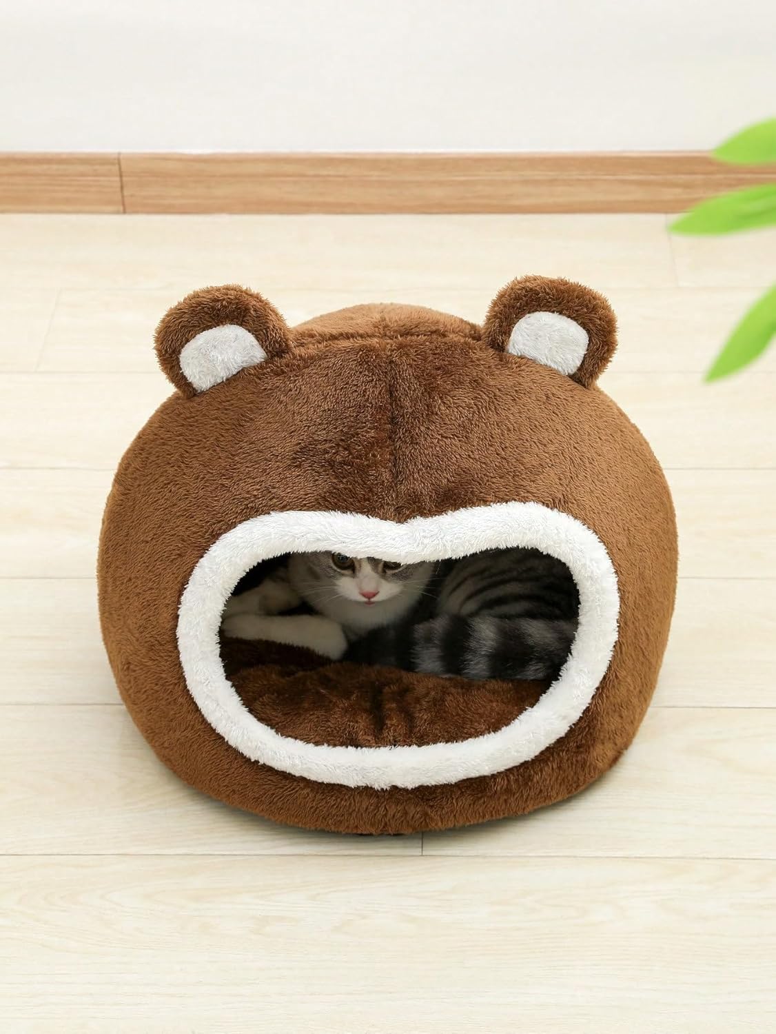 QWINEE Cama para gatos con forma de oso para interiores con cojín extraíble, tienda de campaña de felpa para mascotas, diseño de orejas de dibujos