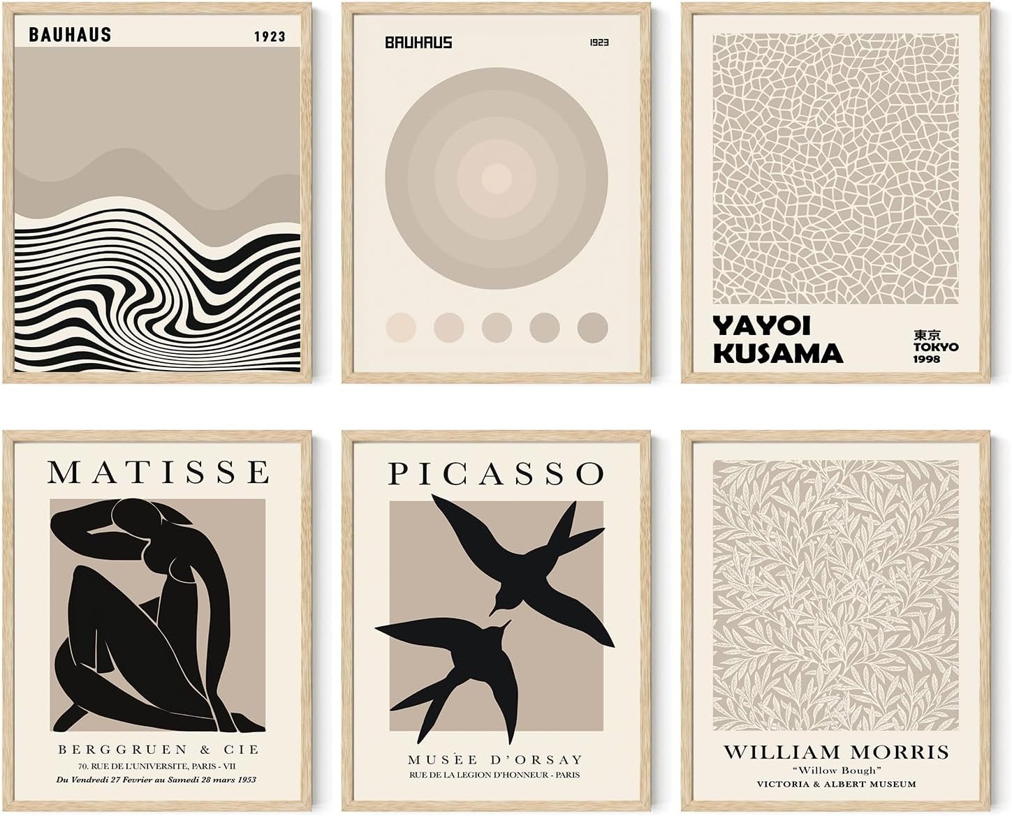 Iknostine Juego de 6 impresiones artísticas para pared de artistas famosos, póster abstracto de Matisse en lienzo estético negro, arte de flores de
