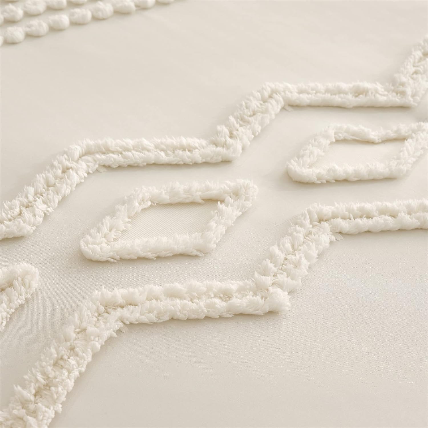 KAKIJUMN Juego de edredón blanco copetudo tamaño Queen de 7 piezas en una bolsa, juego de edredón y sábanas estilo bohemio Shabby Chic para todas