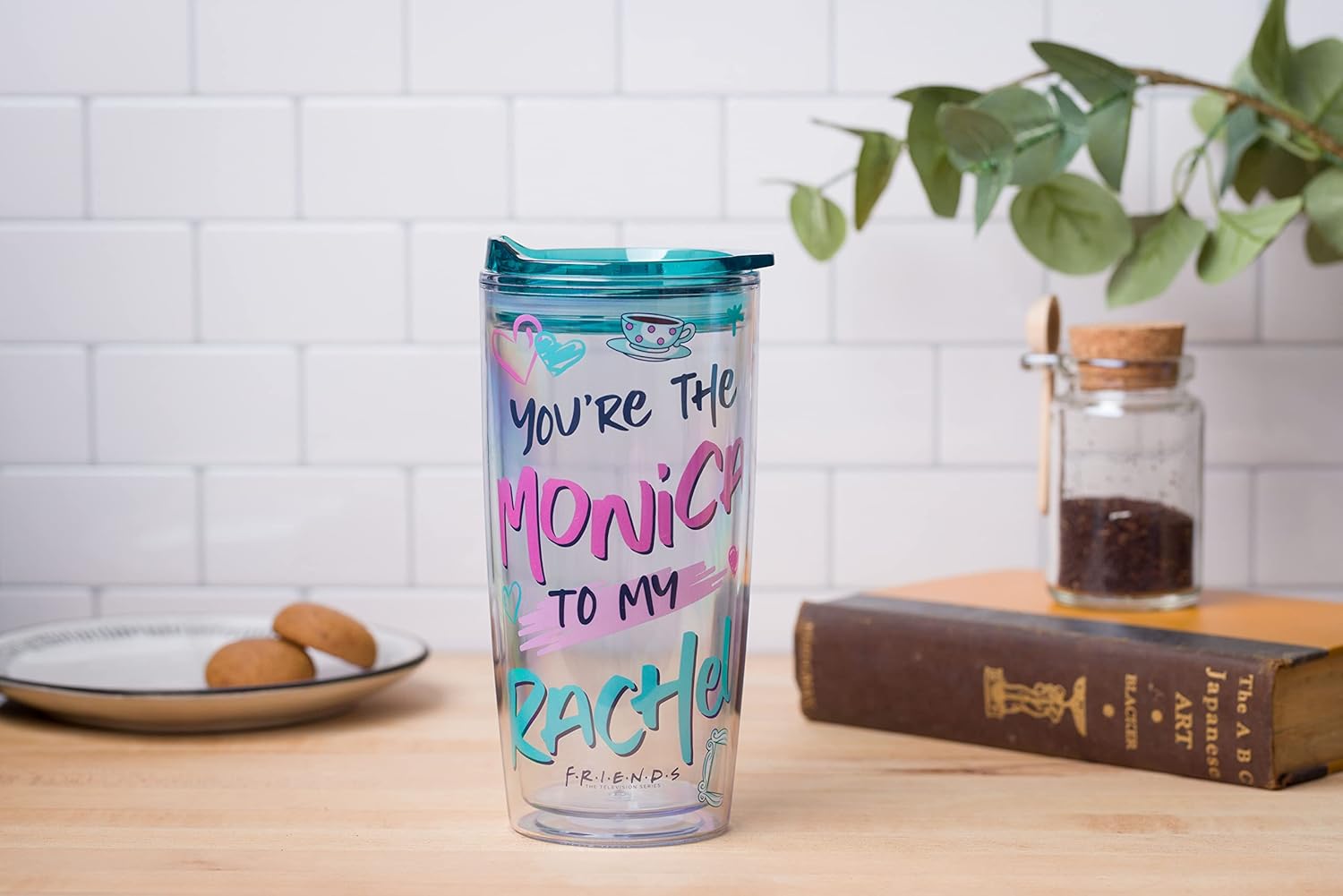 Silver Buffalo Friends You’re the Monica to My Rachel Heart – Vaso de viaje de doble pared con tapa de cierre deslizante, 20 onzas