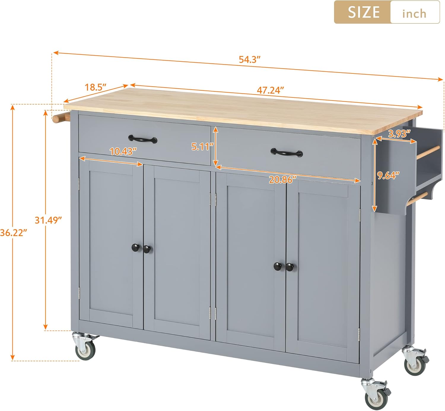 Isla de cocina rodante con almacenamiento, carrito de mesa de cocina portátil, 2 cajones y ruedas con cerradura, 2 gabinetes, encimera de madera de