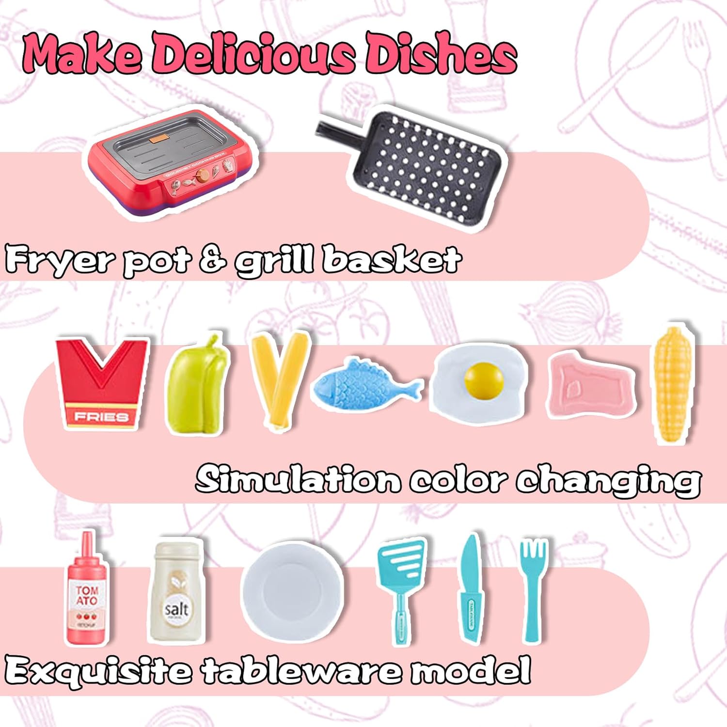 Juego de accesorios de cocina para niños, juego de cocina para niños pequeños, juego de cocina para acampar con comida que cambia de color, juego de
