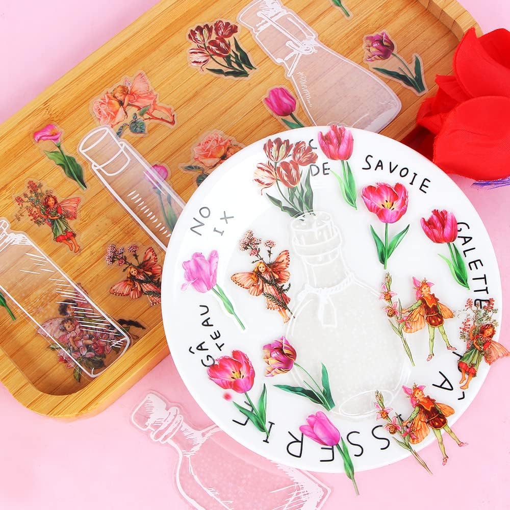 40 calcomanías para álbumes de recortes de flores, suministros de diario, tulipanes, cristalería, botella, marco, calcomanías de hadas de flores