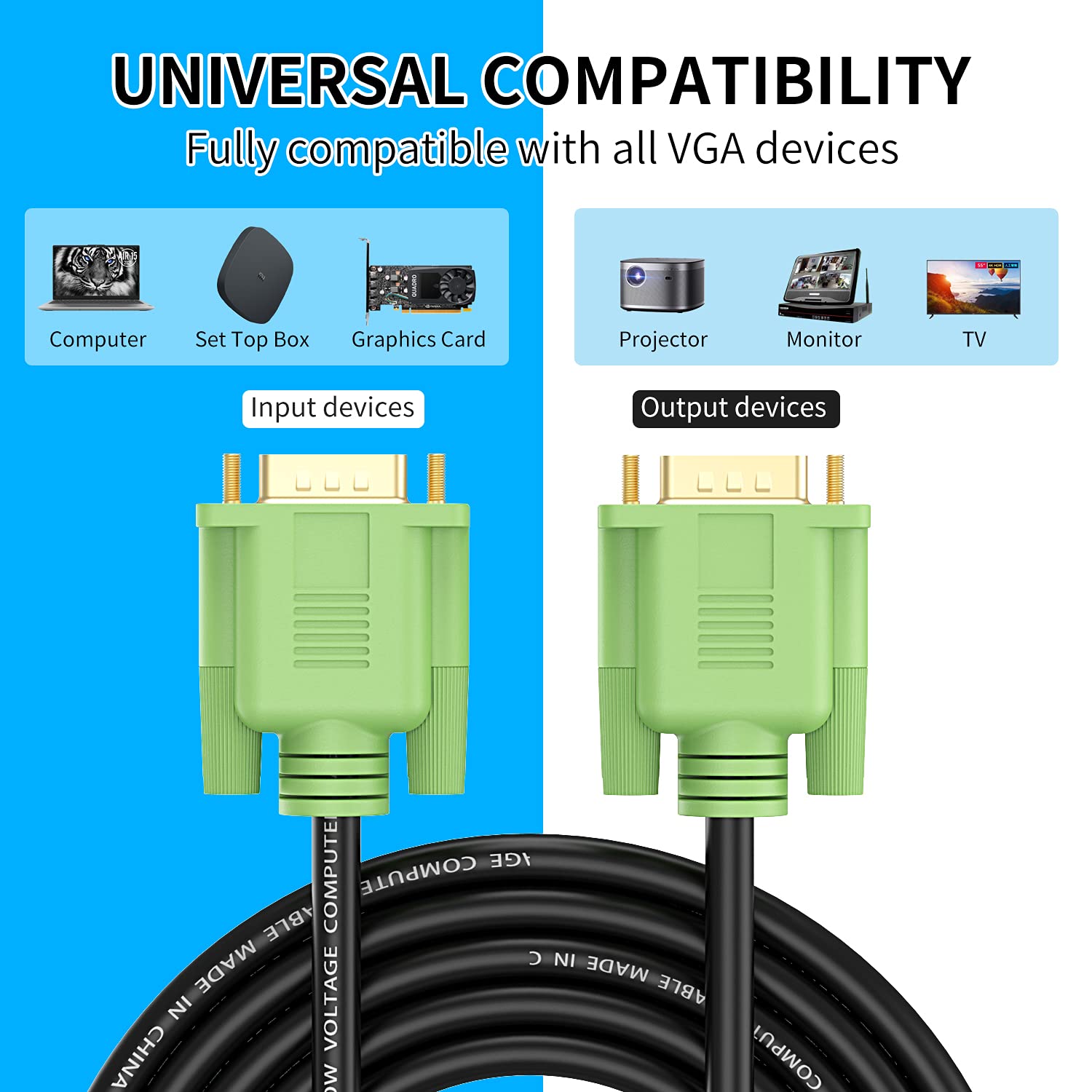 Cable VGA de 25 pies, VGA a VGA HD15 Cable de monitor para PC portátil TV proyector – 25 pies
