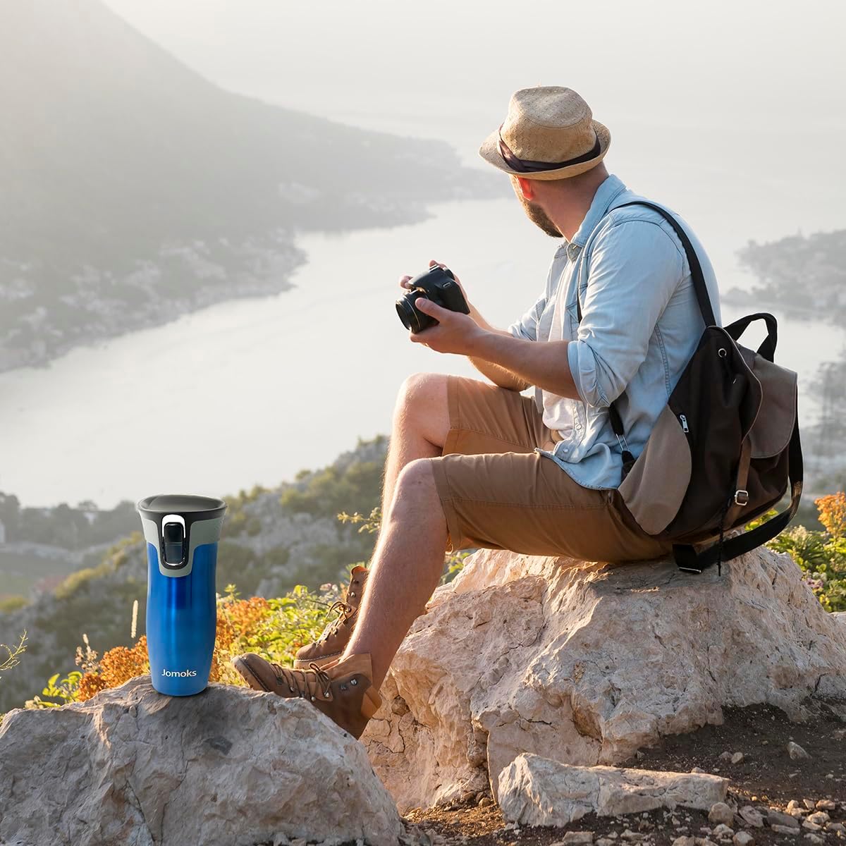 Jomoks Thermos – Taza de viaje de café de acero inoxidable con tapa, a prueba de derrames, aislada al vacío, mantiene las bebidas calientes hasta 5