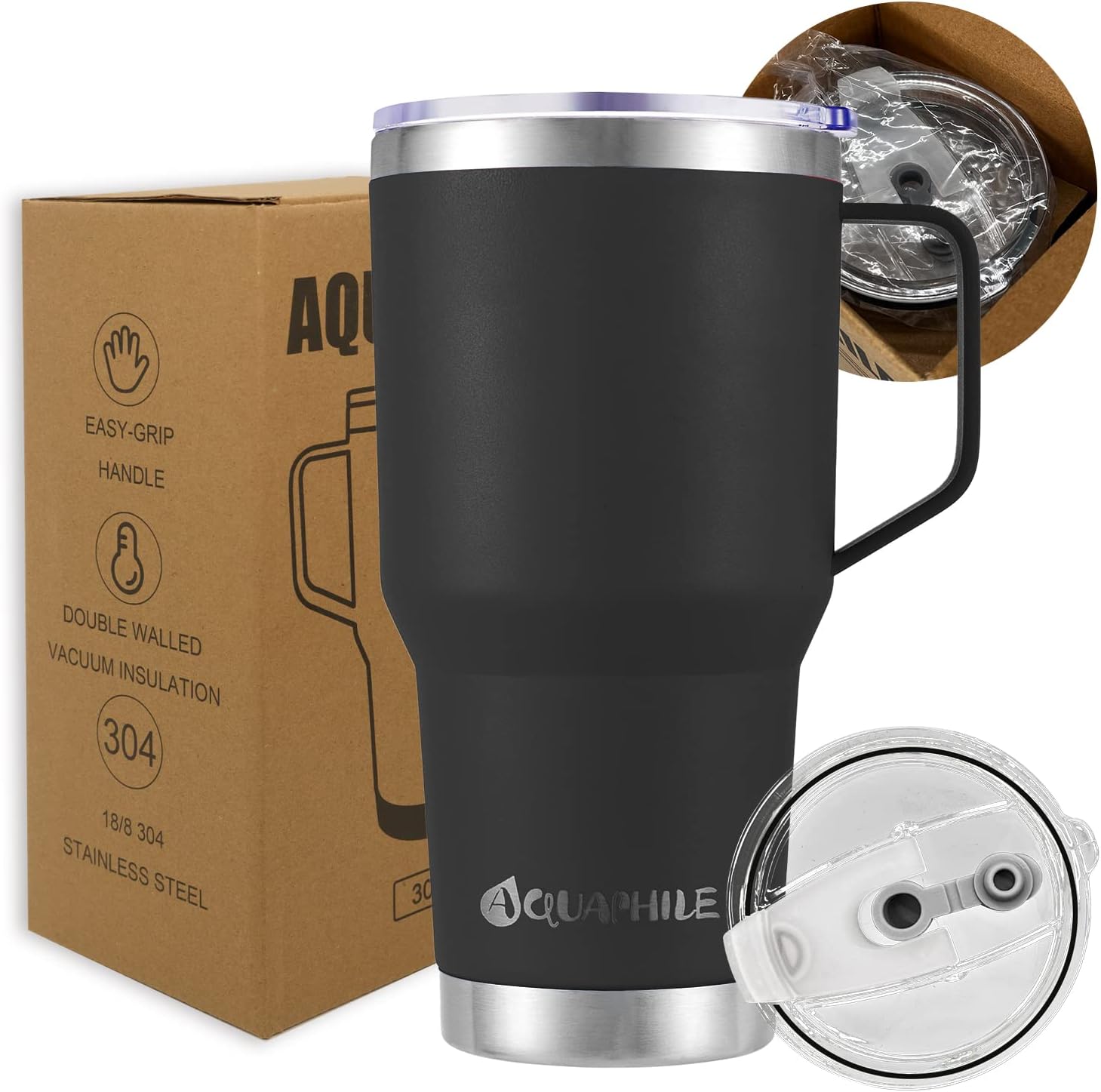 AQUAPHILE Taza de café aislada de acero inoxidable de 30 onzas con asa, taza de viaje al vacío de doble pared con tapa y pajita, taza de café