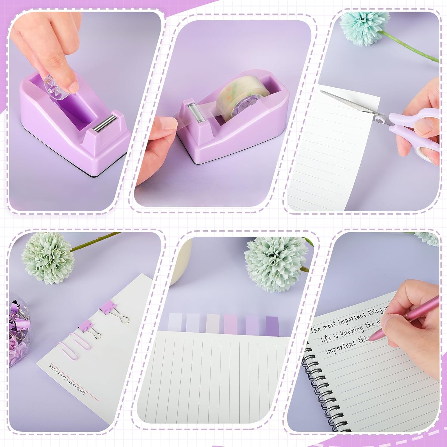 Juego de accesorios de escritorio de color morado, grapadora de lavanda y dispensador de cinta para mujeres, empleados de oficina, escuela,