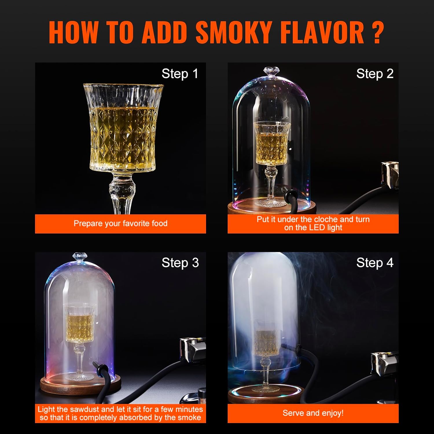 VEVOR Cloche para fumar, cubierta de cúpula de vidrio de 6.9 pulgadas con base de madera, pistola de ahumador, infusor de humo accesorio para