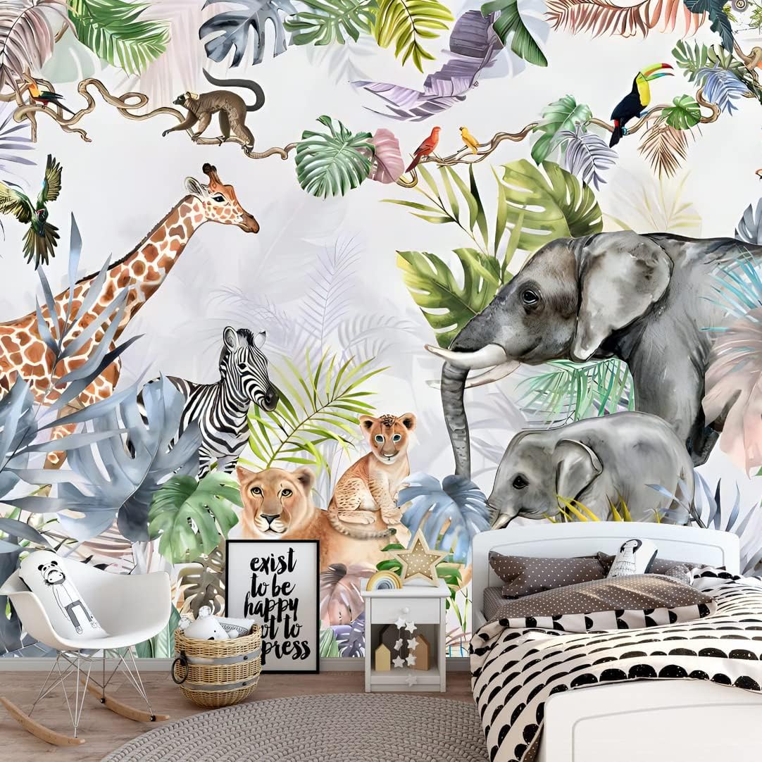 Papel tapiz de safari para niños con animales, selva, acuarela, animales, guardería, decoración de habitación infantil (no se pega ni se pega)