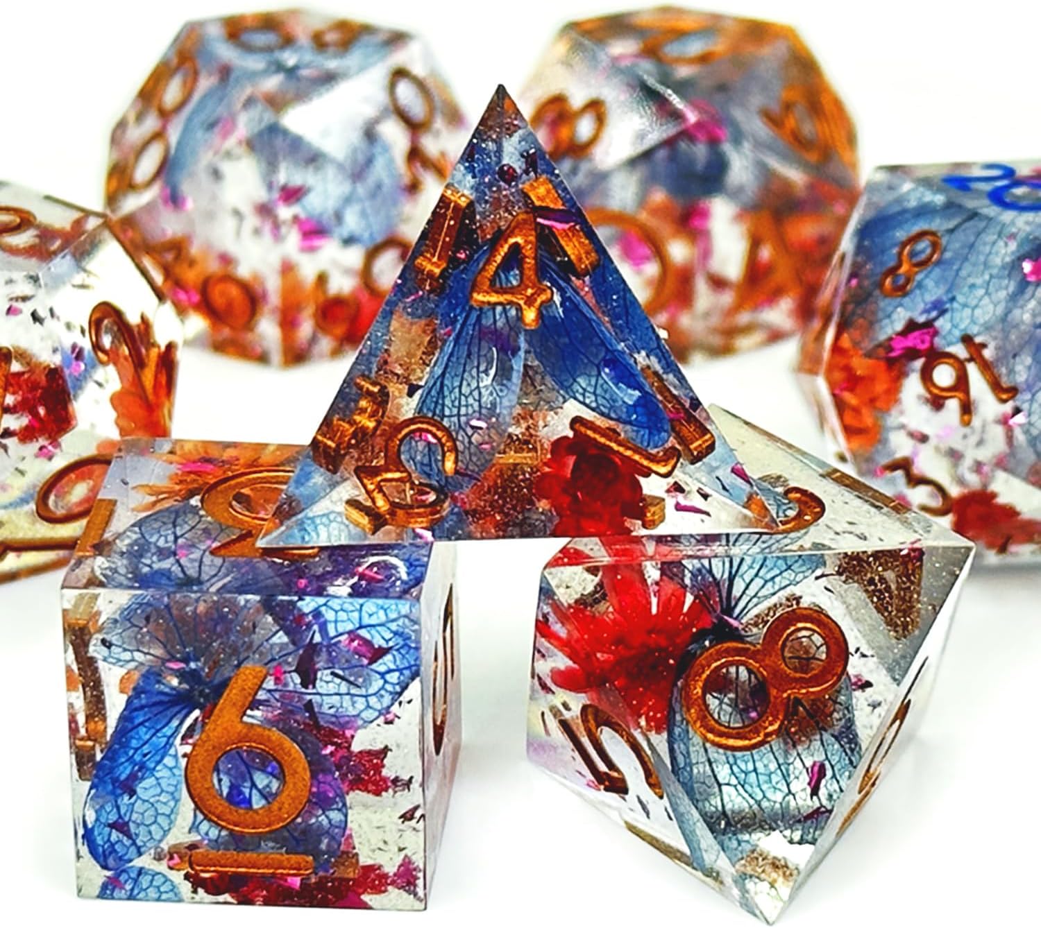 DND – Juego de dados de resina con bordes afilados, 7 piezas de dados de resina de flores, juego de dados poliédricos para dados de Calabozos y