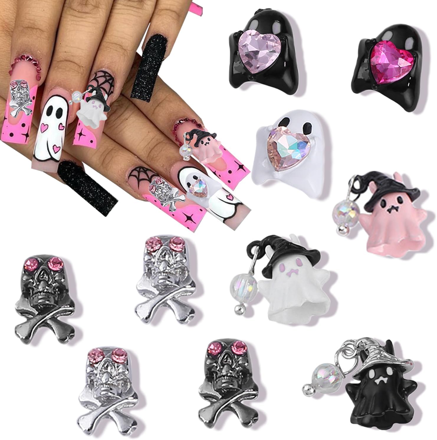 10 dijes de uñas de Halloween, diseño de calavera de fantasma, corazón con gemas de uñas, divertidos diamantes de imitación de uñas de Halloween