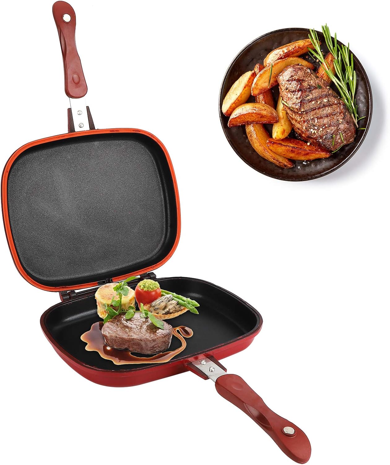 Sartén de doble cara, sartén antiadherente de aleación de aluminio cuadrada roja para utensilios de cocina, 11 x 9.5 pulgadas
