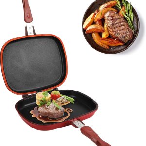 Sartén de doble cara, sartén antiadherente de aleación de aluminio cuadrada roja para utensilios de cocina, 11 x 9.5 pulgadas Sartén de doble cara, sartén antiadherente de aleación de aluminio cuadrada roja para utensilios de cocina, 11 x 9.5 pulgadas