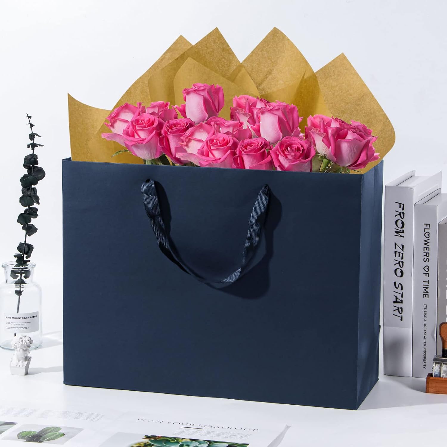driew Bolsas de regalo grandes, paquete de 12 bolsas de regalo extra grandes azul marino, asas de cinta, bolsas de regalo de papel resistente de