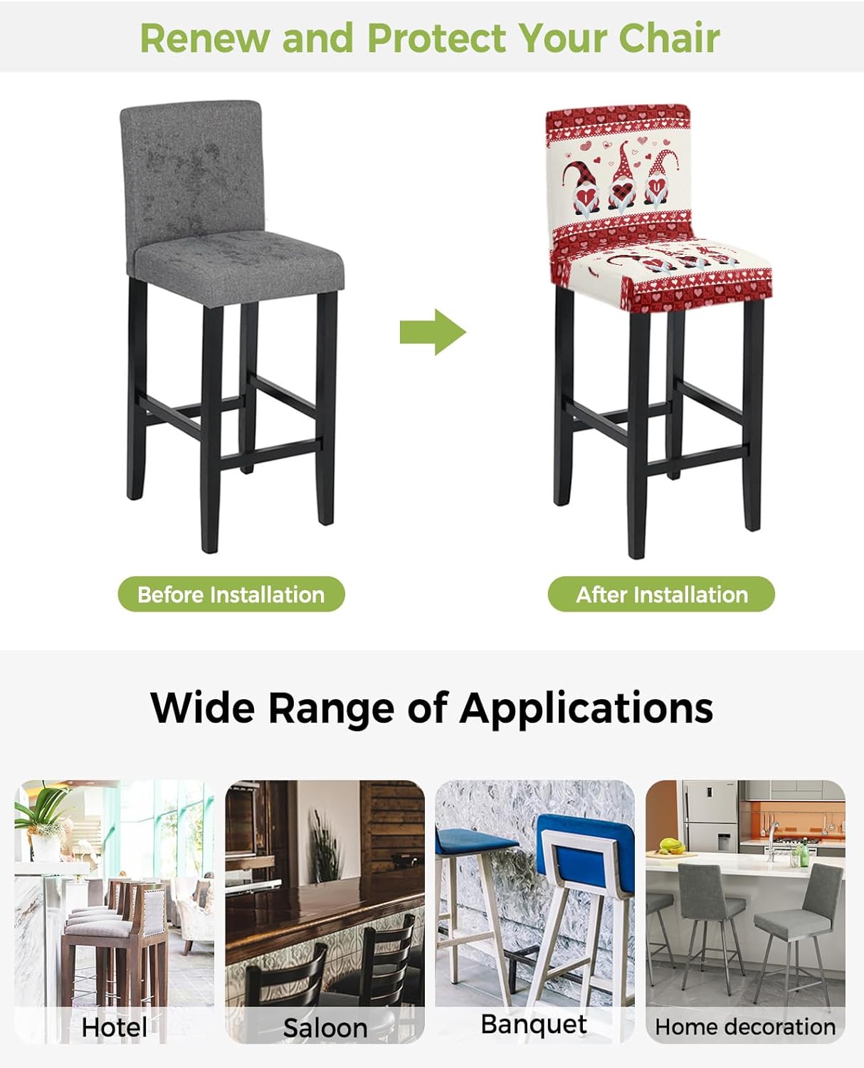 Bar Stool Covers Gnomes with Heart Stretch Removable Bar Chair Cover I Love You Red Buffalo Check Plaid Counter Slipcovers for Kitchen Pub Dining