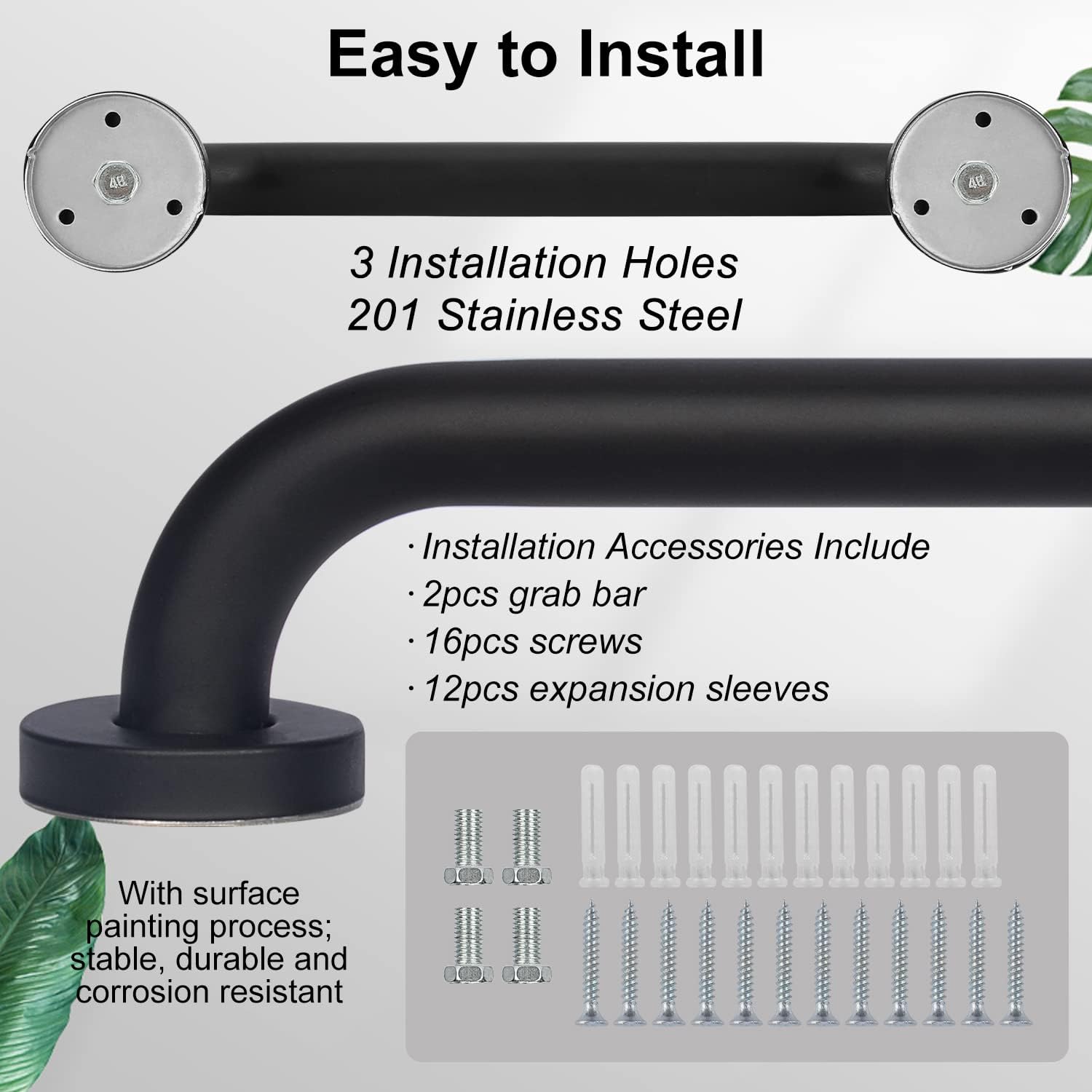 supregear – Paquete de 2 barras de agarre para baño, barra de seguridad negra de 20 pulgadas de longitud, mango antideslizante de acero inoxidable