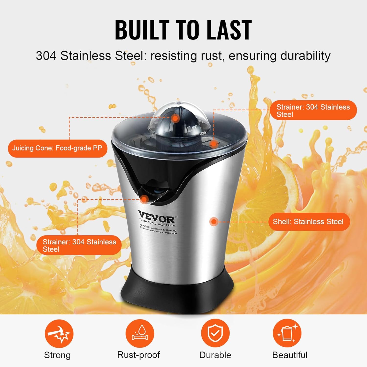 VEVOR Exprimidor eléctrico de cítricos, uno para todos los exprimidores de jugo de naranja de acero inoxidable, extractor de jugo de naranja fácil