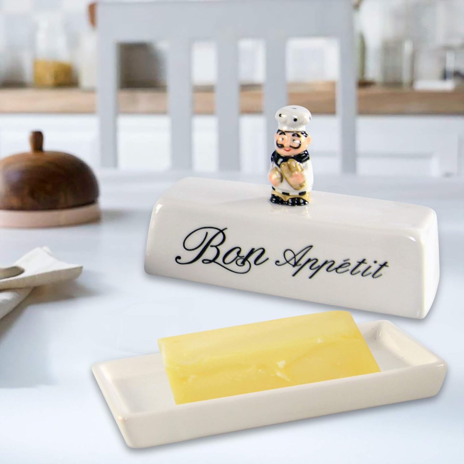 HOME-X Bon Appetit – Mantequillera con tapa, plato blanco para barra de mantequilla, plato con temática de chef, 6  pulgadas de largo x 3  pulgadas