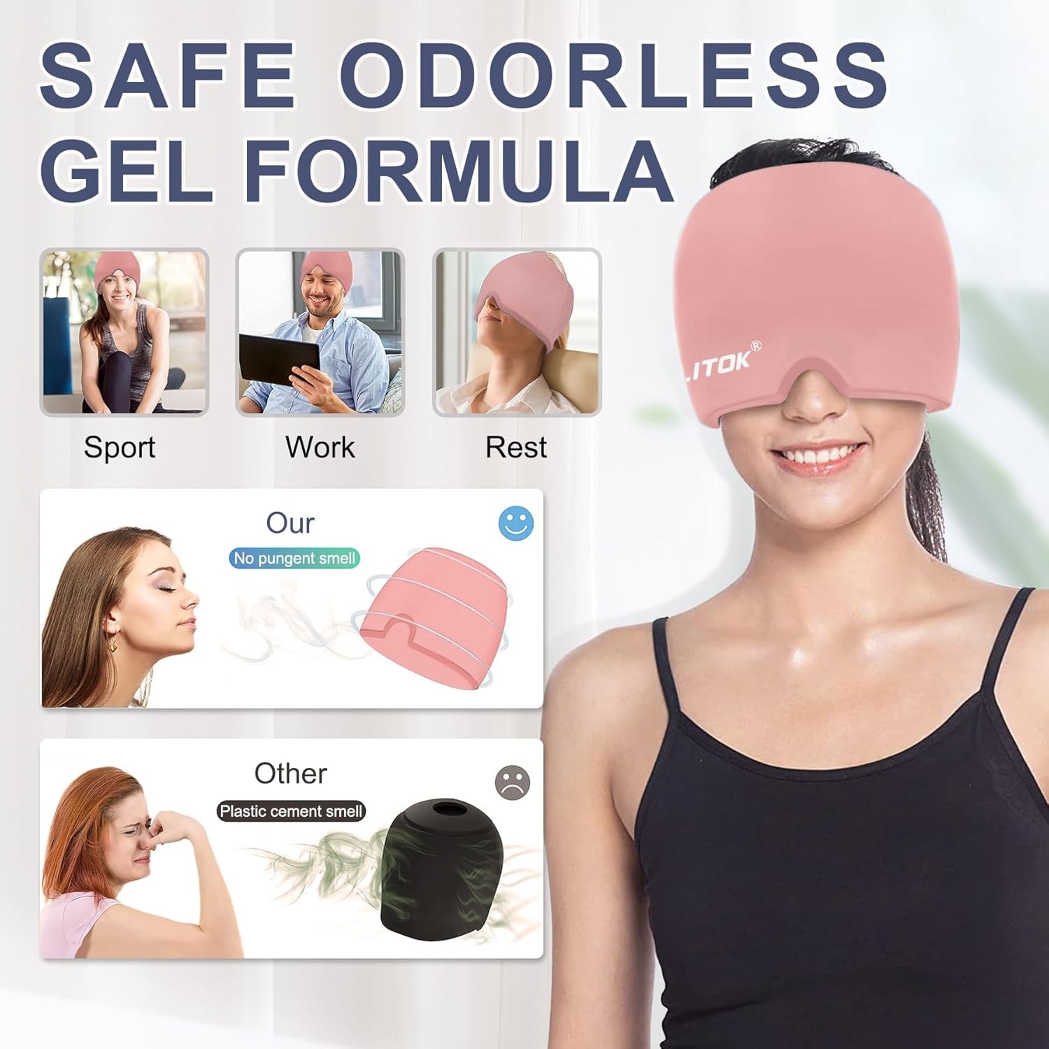 EXQUISLIFE Gorro para aliviar el dolor de cabeza de migraña, envoltura de gel para la cabeza, terapia fría y caliente, máscara para ojos sinusales,