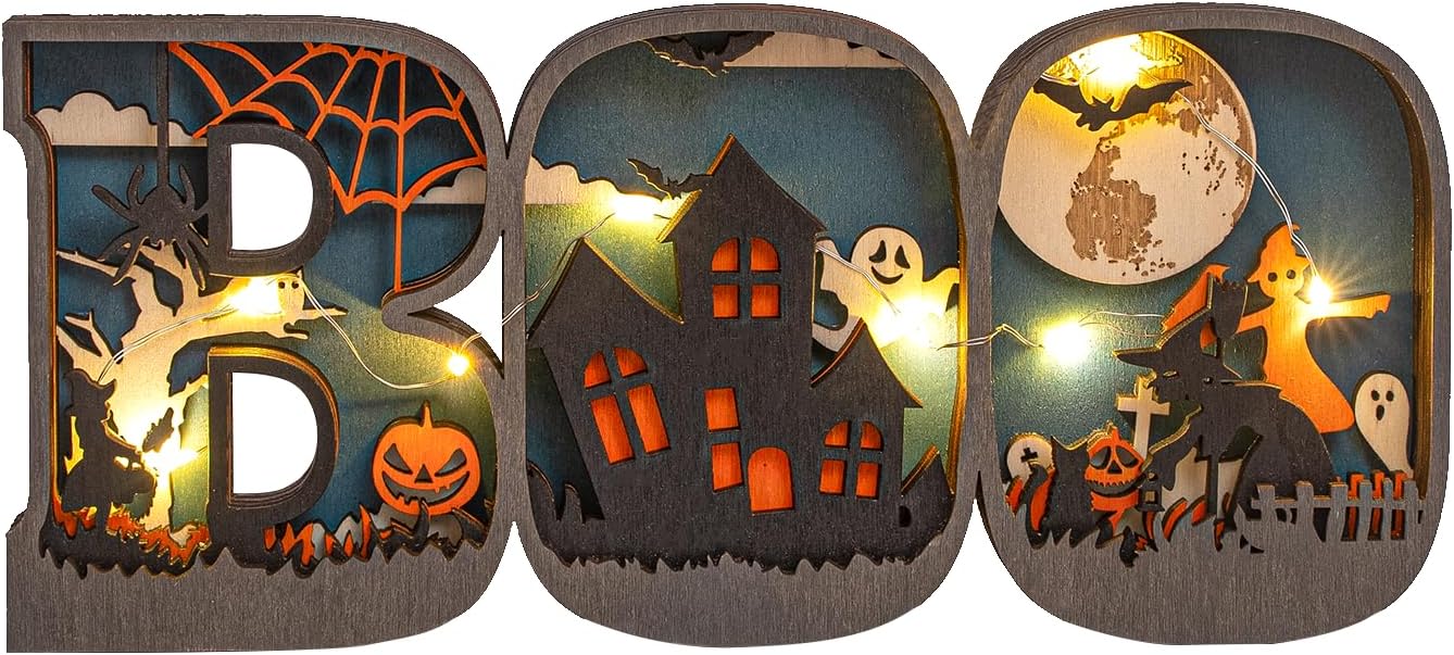 Letrero de madera para Halloween, adornos de madera tallada con luces LED, lámpara decorativa de madera para decoración de fiesta de mesa