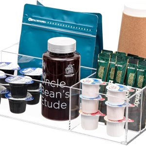 Organizador de estación de café de acrílico para encimera, organizador de almacenamiento de condimentos de café y té con 4 compartimentos, Organizador de estación de café de acrílico para encimera, organizador de almacenamiento de condimentos de café y té con 4 compartimentos,