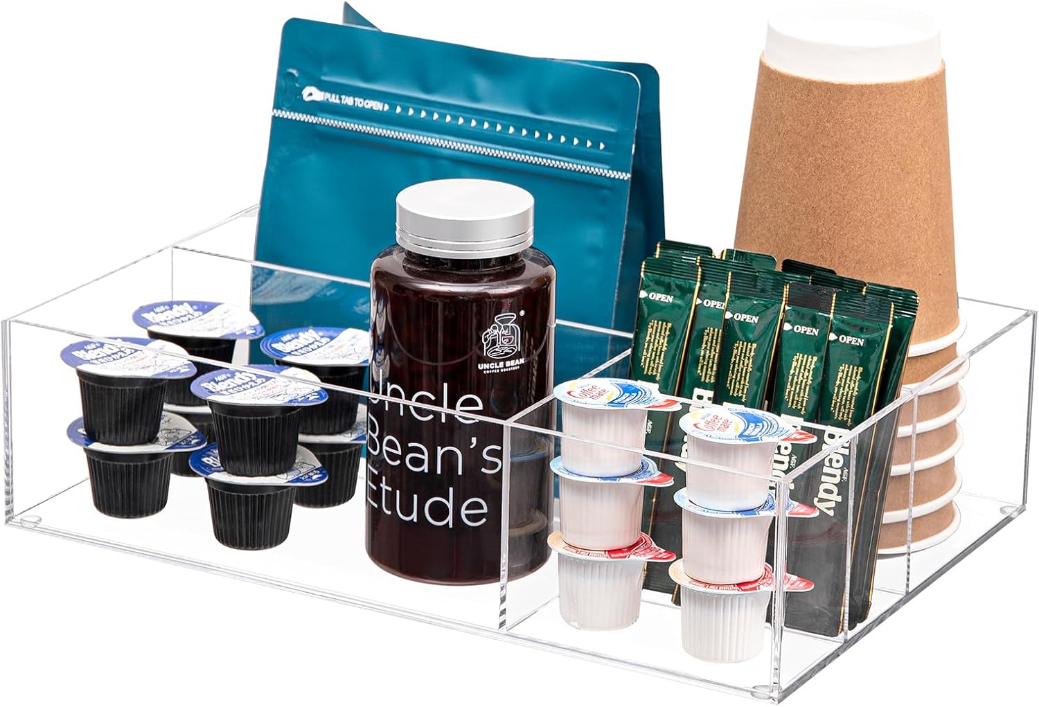 Organizador de estación de café de acrílico para encimera, organizador de almacenamiento de condimentos de café y té con 4 compartimentos,