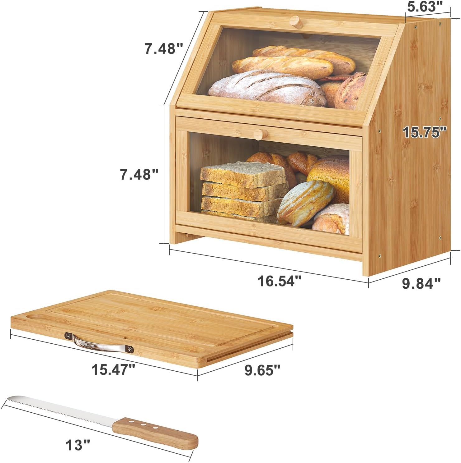 Panera grande con tabla de cortar, panera para encimera de cocina, panera de madera de bambú (panel de puerta transparente + tabla de cortar)